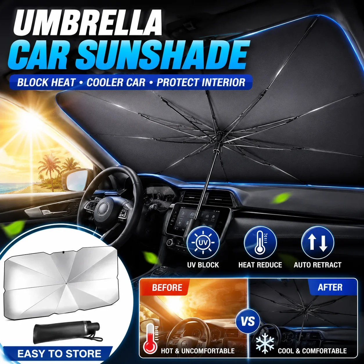 Car Sunshade Windshield Umbrella Foldable - مظلة سيارة قابلة للطي، واقي شمس