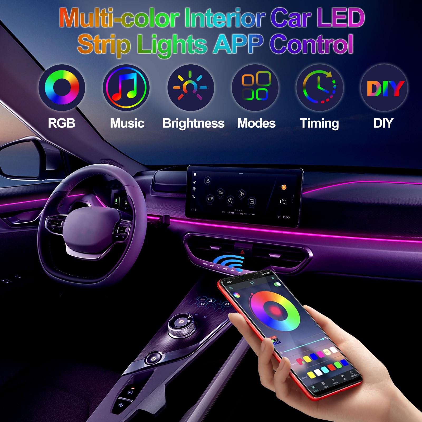 شريط إضاءة نيون مرن DIY بجهد 1 - مراجعة Led Ambient Interior Car Lights App Control وسعره